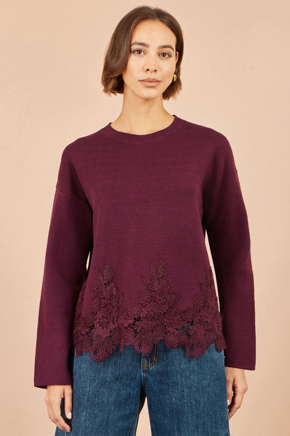 Yumi Women's Burgundy Viscose Relaxed Jumper with Floral Lace Hem Detail