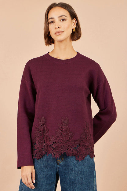 Yumi Women's Burgundy Viscose Relaxed Jumper with Floral Lace Hem Detail