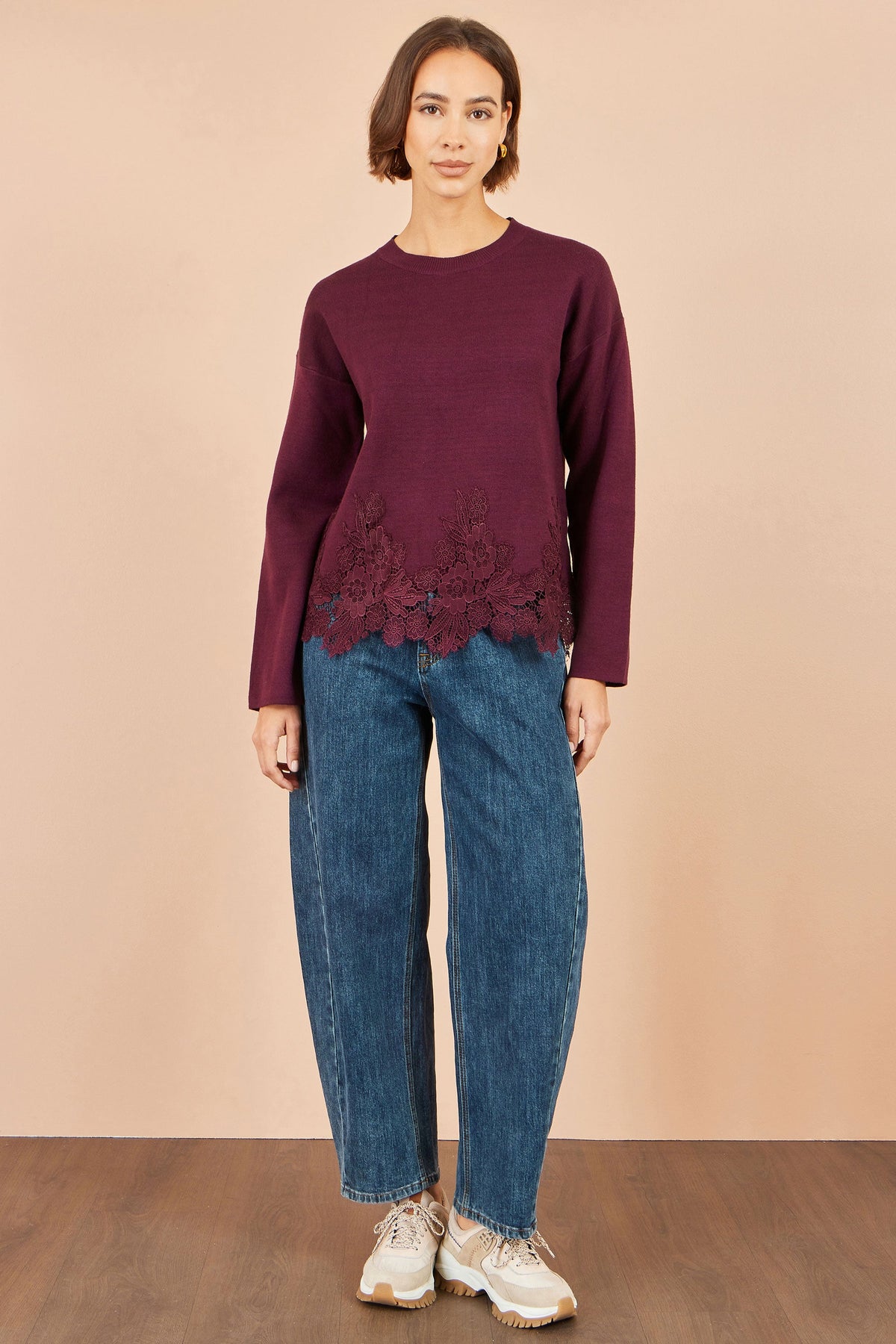 Yumi Women's Burgundy Viscose Relaxed Jumper with Floral Lace Hem Detail