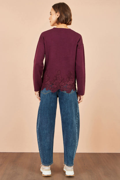 Yumi Women's Burgundy Viscose Relaxed Jumper with Floral Lace Hem Detail