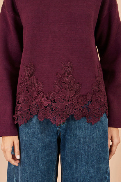 Yumi Women's Burgundy Viscose Relaxed Jumper with Floral Lace Hem Detail