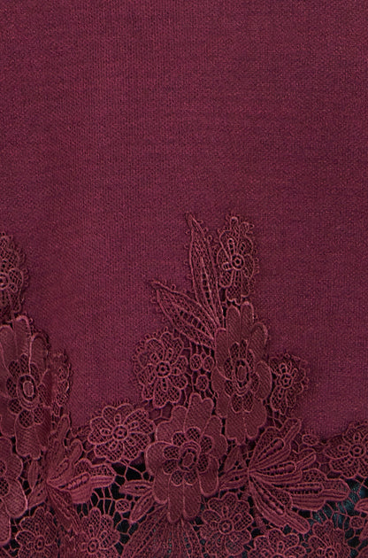 Yumi Women's Burgundy Viscose Relaxed Jumper with Floral Lace Hem Detail