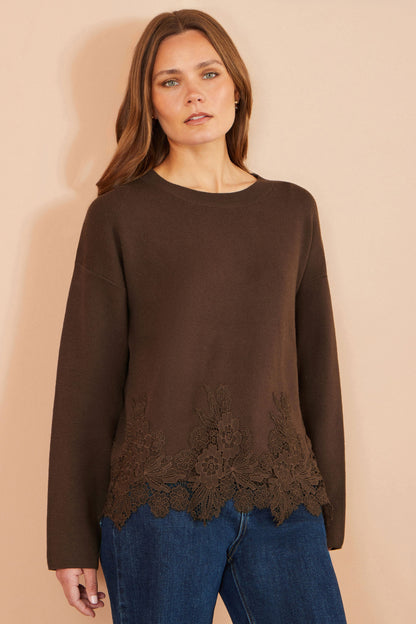 Yumi Women's Brown Relaxed Viscose Blend Jumper with Floral Lace Hem Trim