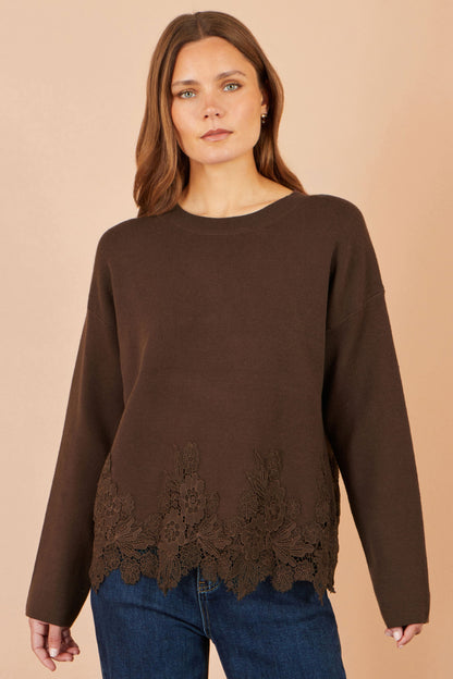 Yumi Women's Brown Relaxed Viscose Blend Jumper with Floral Lace Hem Trim