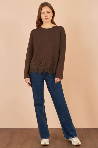 Yumi Women's Brown Relaxed Viscose Blend Jumper with Floral Lace Hem Trim