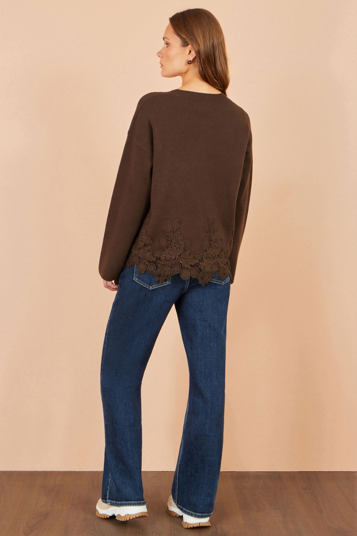 Yumi Women's Brown Relaxed Viscose Blend Jumper with Floral Lace Hem Trim