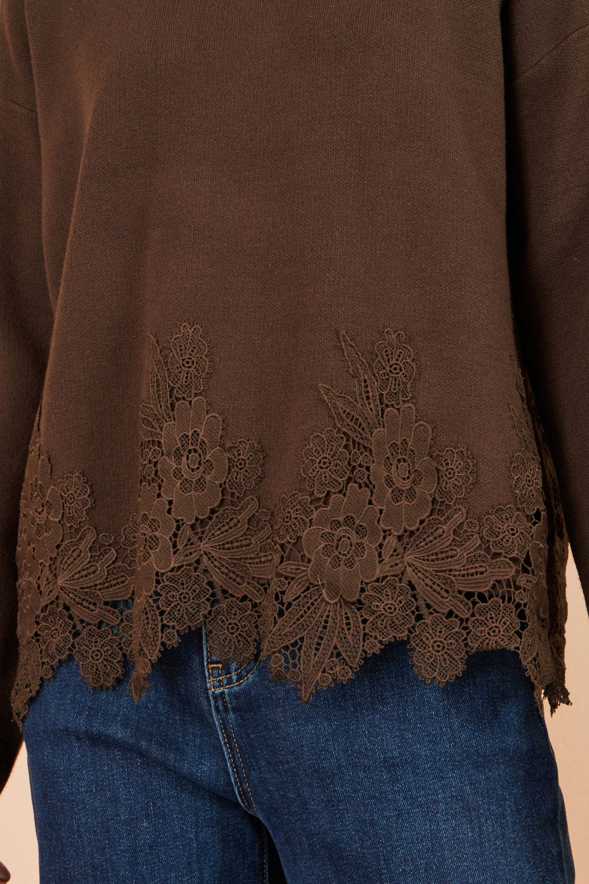 Yumi Women's Brown Relaxed Viscose Blend Jumper with Floral Lace Hem Trim