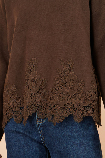 Yumi Women's Brown Relaxed Viscose Blend Jumper with Floral Lace Hem Trim