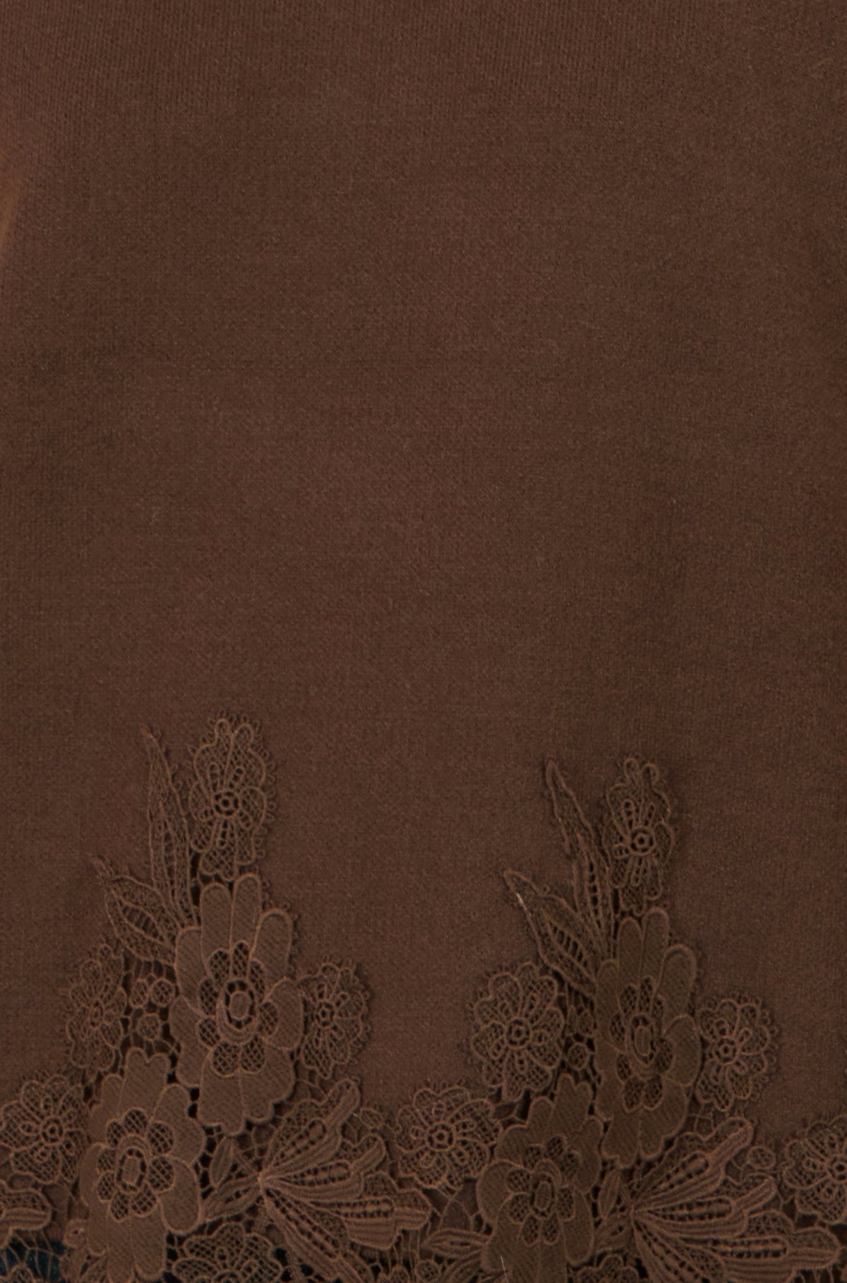 Yumi Women's Brown Relaxed Viscose Blend Jumper with Floral Lace Hem Trim