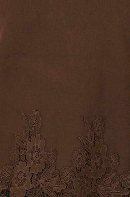 Yumi Women's Brown Relaxed Viscose Blend Jumper with Floral Lace Hem Trim