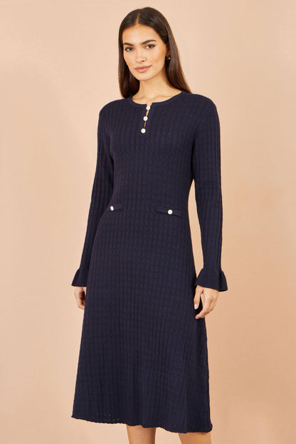 Yumi Women's Navy Pointelle Knit Fit and Flare Midi Dress with Buttons