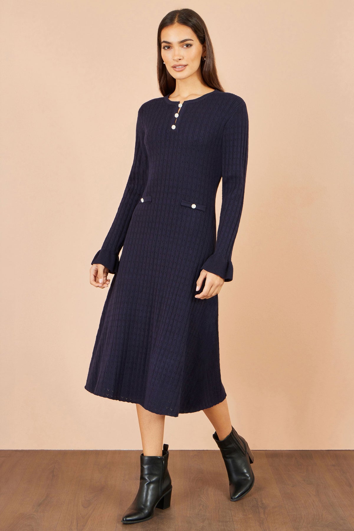 Yumi Women's Navy Pointelle Knit Fit and Flare Midi Dress with Buttons