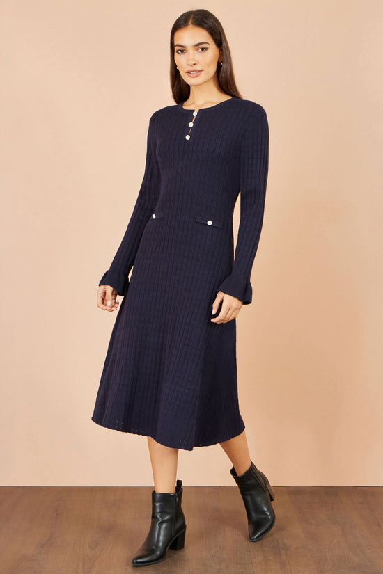 Yumi Women's Navy Pointelle Knit Fit and Flare Midi Dress with Buttons