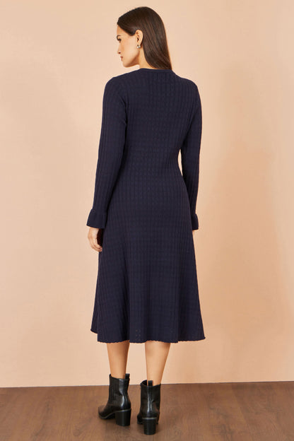 Yumi Women's Navy Pointelle Knit Fit and Flare Midi Dress with Buttons
