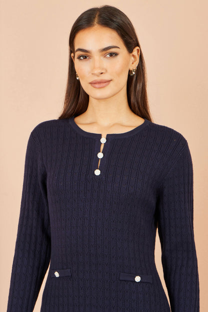 Yumi Women's Navy Pointelle Knit Fit and Flare Midi Dress with Buttons