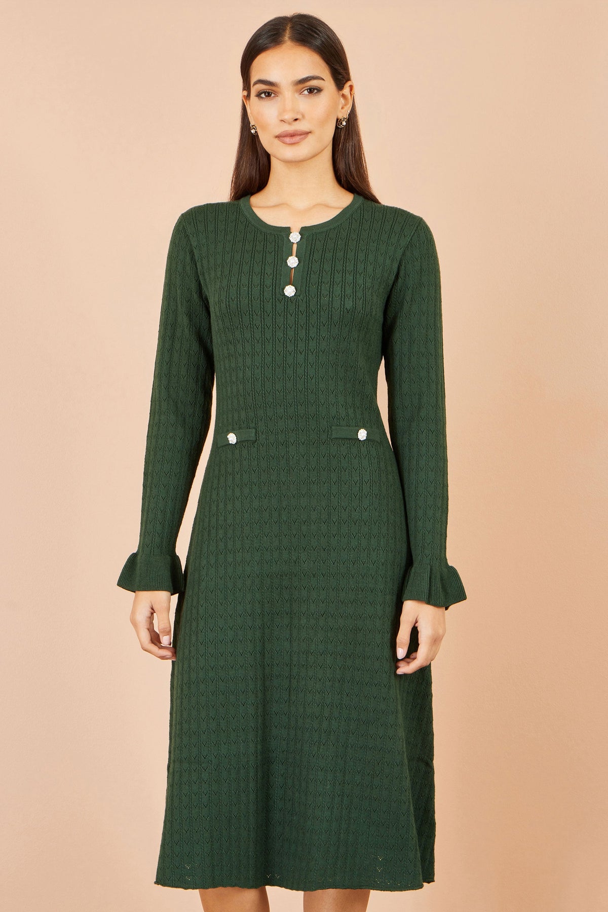 Yumi Women's Green Pointelle Knit Fit and Flare Midi Dress with Buttons