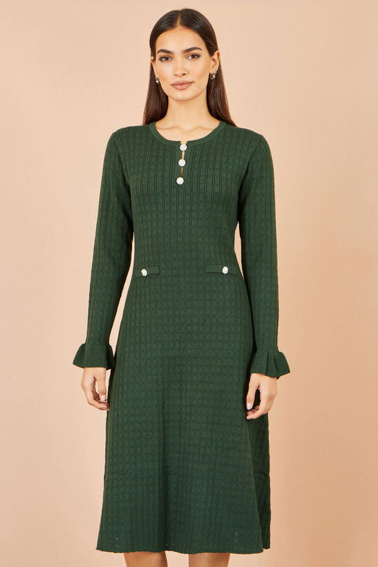 Yumi Women's Green Pointelle Knit Fit and Flare Midi Dress with Buttons
