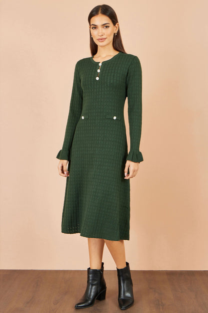 Yumi Women's Green Pointelle Knit Fit and Flare Midi Dress with Buttons