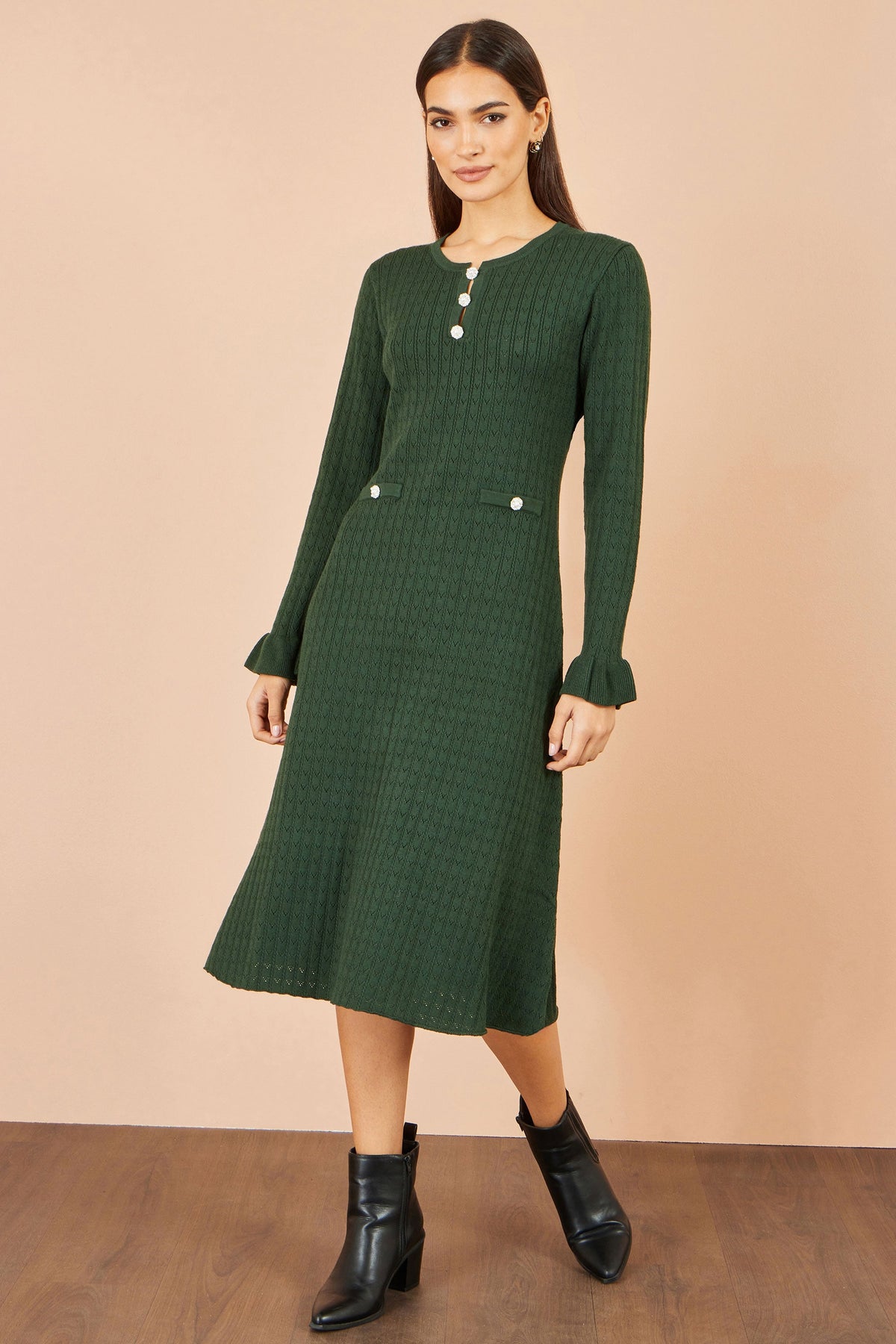 Yumi Women's Green Pointelle Knit Fit and Flare Midi Dress with Buttons