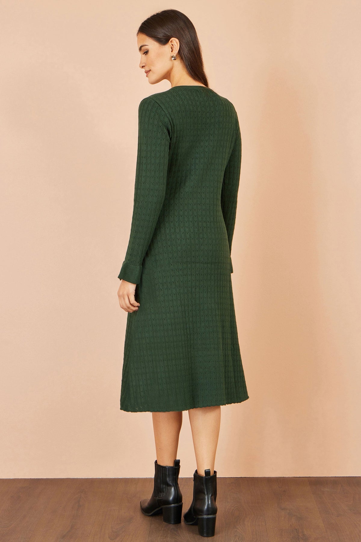 Yumi Women's Green Pointelle Knit Fit and Flare Midi Dress with Buttons