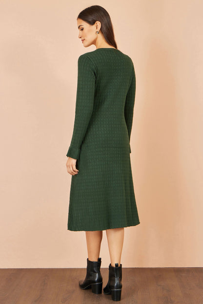 Yumi Women's Green Pointelle Knit Fit and Flare Midi Dress with Buttons