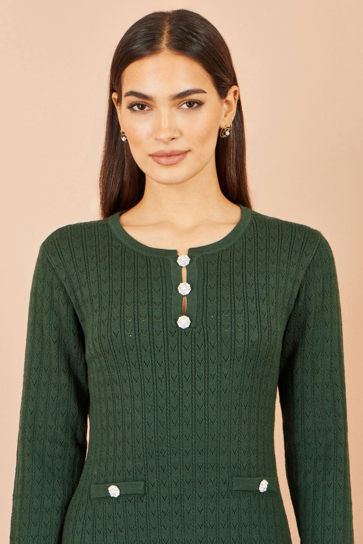 Yumi Women's Green Pointelle Knit Fit and Flare Midi Dress with Buttons