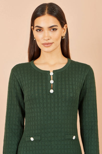 Yumi Women's Green Pointelle Knit Fit and Flare Midi Dress with Buttons