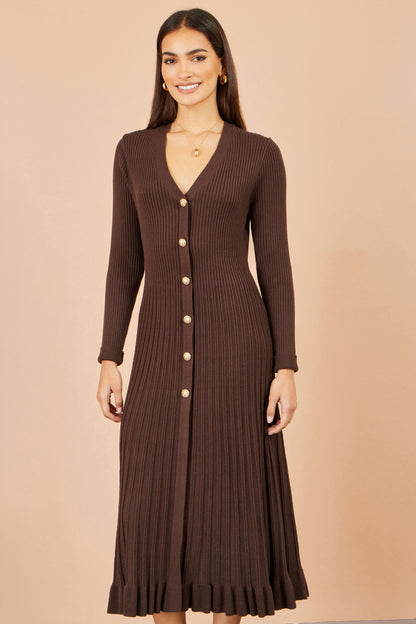 Yumi Women’s Brown V-Neck Ribbed Knit Midi Dress