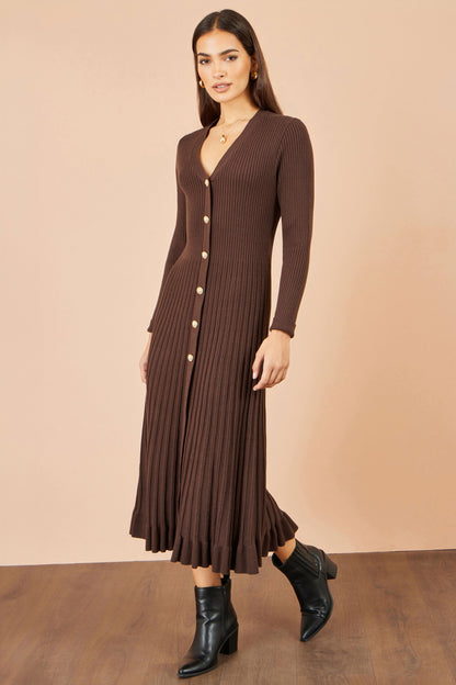 Yumi Women’s Brown V-Neck Ribbed Knit Midi Dress