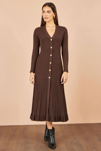 Yumi Women’s Brown V-Neck Ribbed Knit Midi Dress