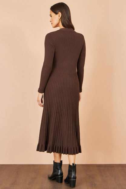 Yumi Women’s Brown V-Neck Ribbed Knit Midi Dress