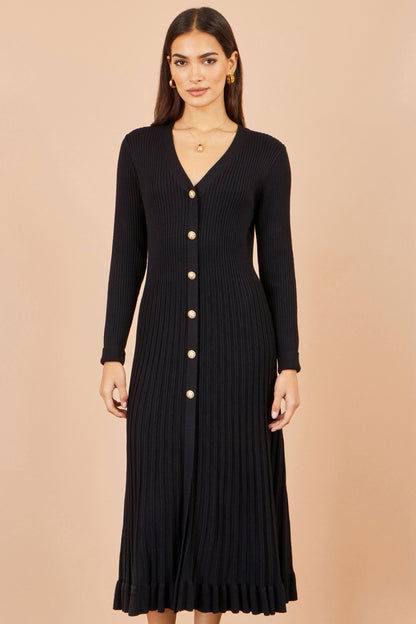 Yumi Women’s Black V-Neck Ribbed Knit Midi Dress