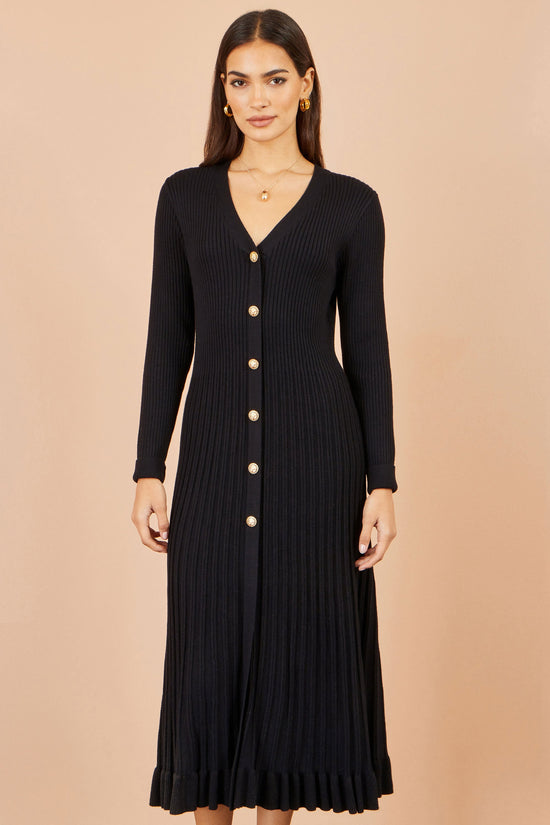 Yumi Women’s Black V-Neck Ribbed Knit Midi Dress