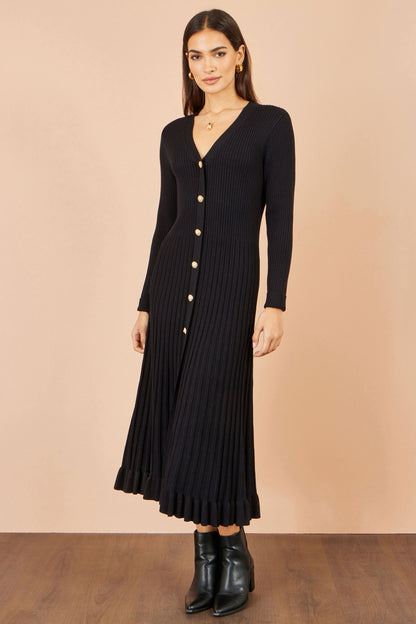 Yumi Women’s Black V-Neck Ribbed Knit Midi Dress