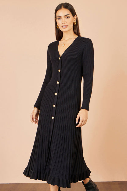 Yumi Women’s Black V-Neck Ribbed Knit Midi Dress