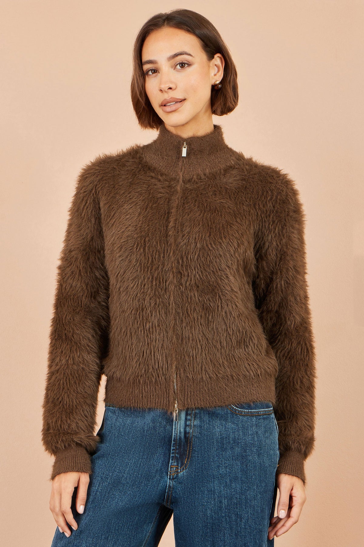 Yumi Women’s Brown Fluffy High Neck Zip-Through Relaxed Fit