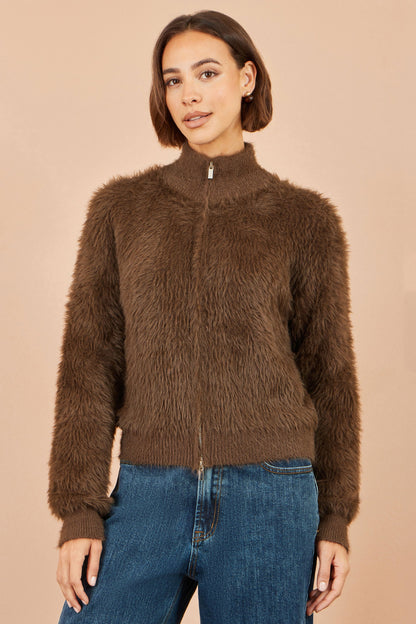 Yumi Women’s Brown Fluffy High Neck Zip-Through Relaxed Fit