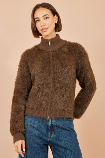 Yumi Women’s Brown Fluffy High Neck Zip-Through Relaxed Fit