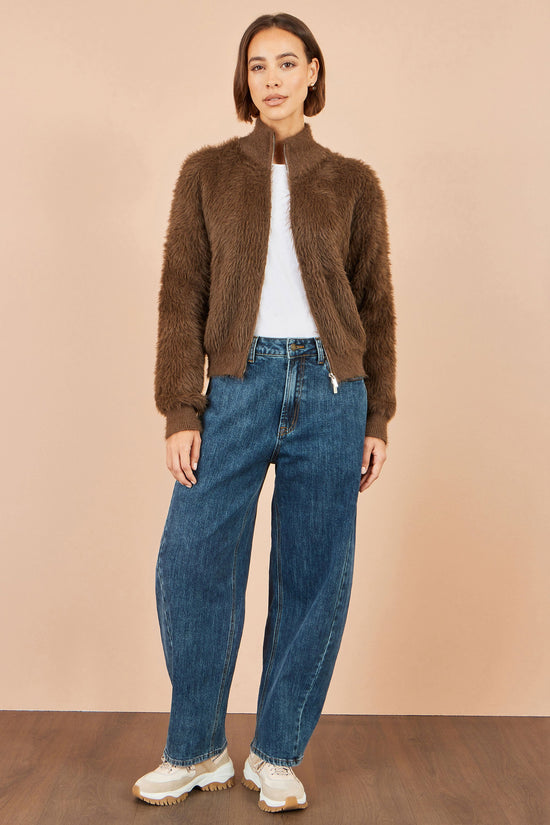 Yumi Women’s Brown Fluffy High Neck Zip-Through Relaxed Fit