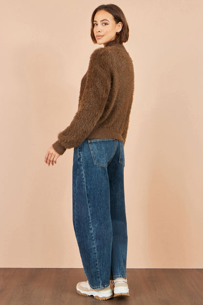 Yumi Women’s Brown Fluffy High Neck Zip-Through Relaxed Fit