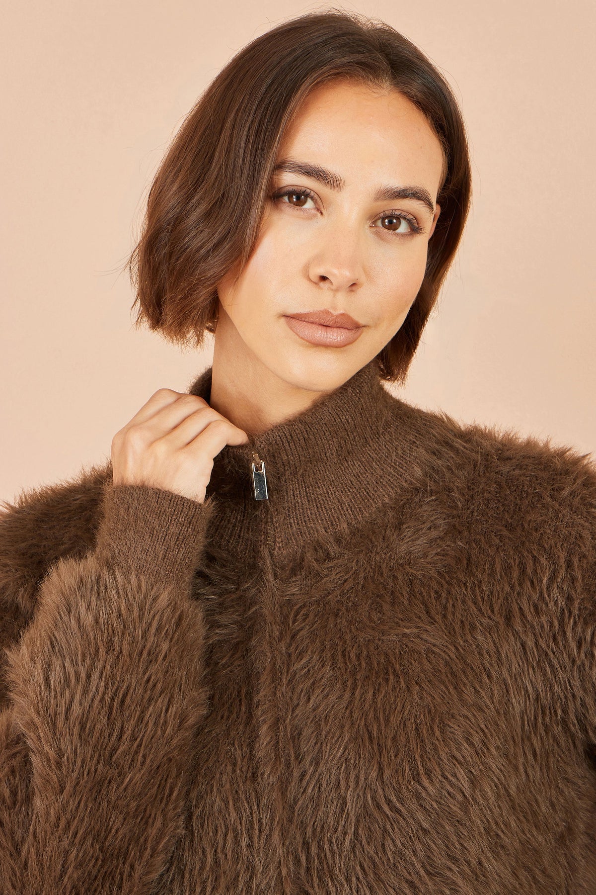 Yumi Women’s Brown Fluffy High Neck Zip-Through Relaxed Fit
