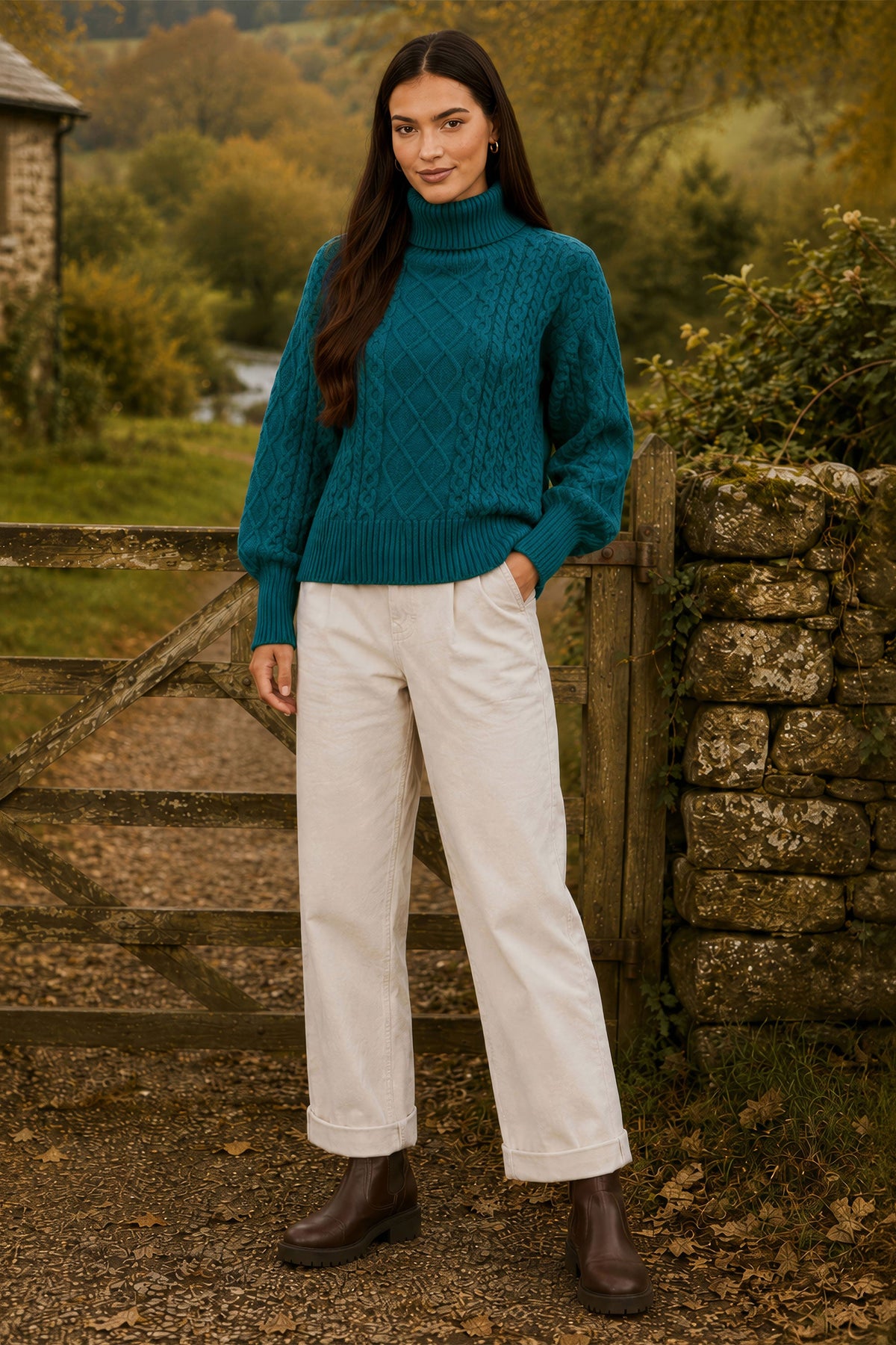 Yumi Women's Teal Chunky Cable Knit Roll Neck Long Sleeve Relaxed Jumper