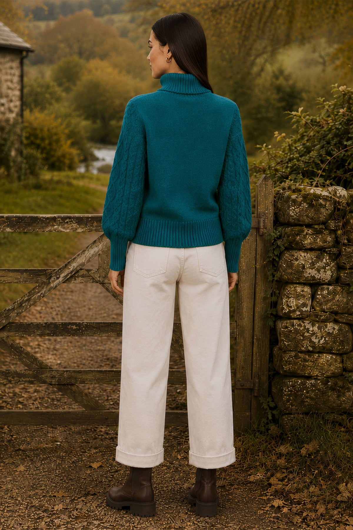 Yumi Women's Teal Chunky Cable Knit Roll Neck Long Sleeve Relaxed Jumper