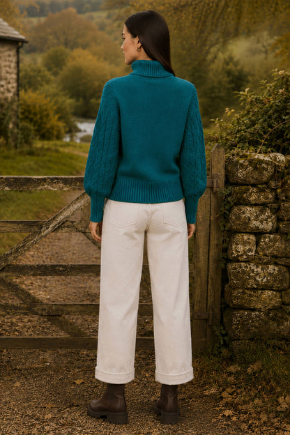 Yumi Women's Teal Chunky Cable Knit Roll Neck Long Sleeve Relaxed Jumper