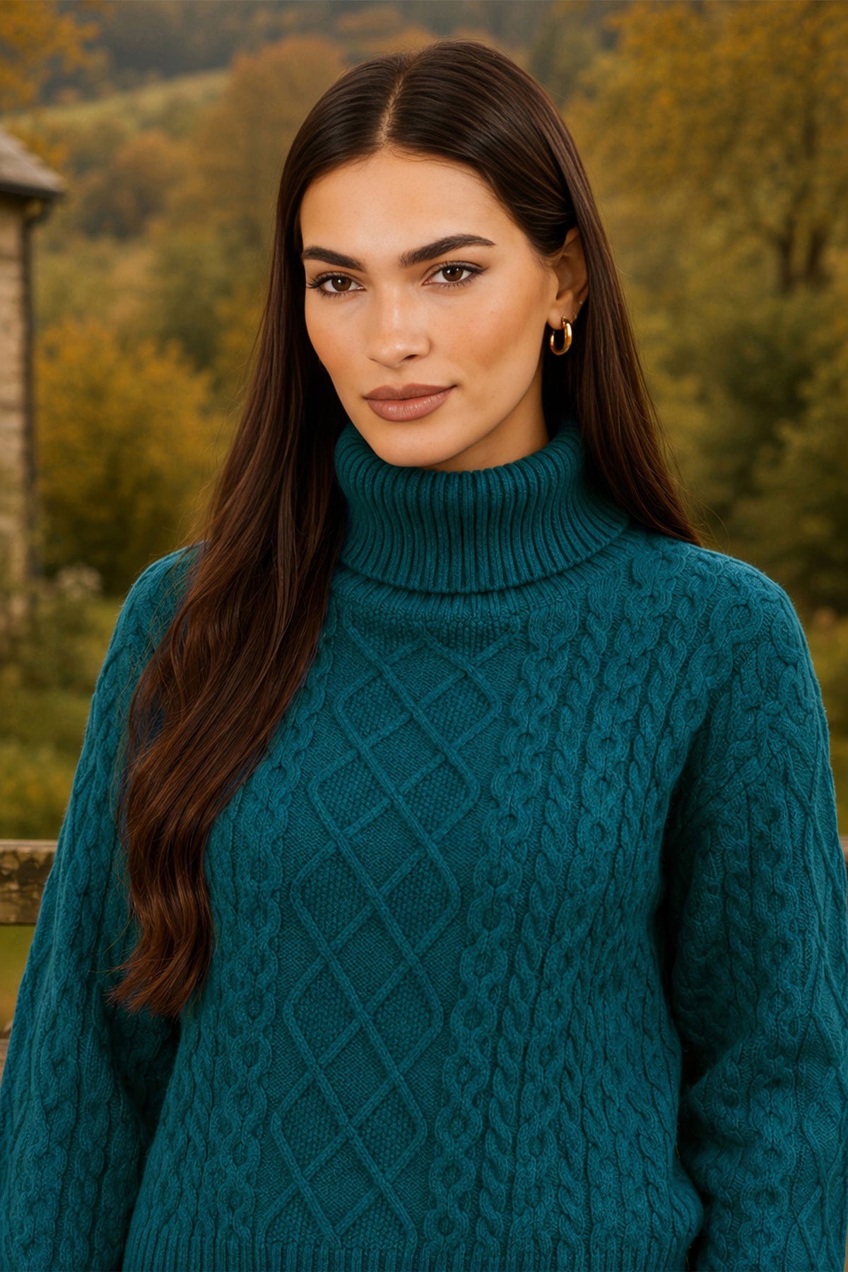 Yumi Women's Teal Chunky Cable Knit Roll Neck Long Sleeve Relaxed Jumper