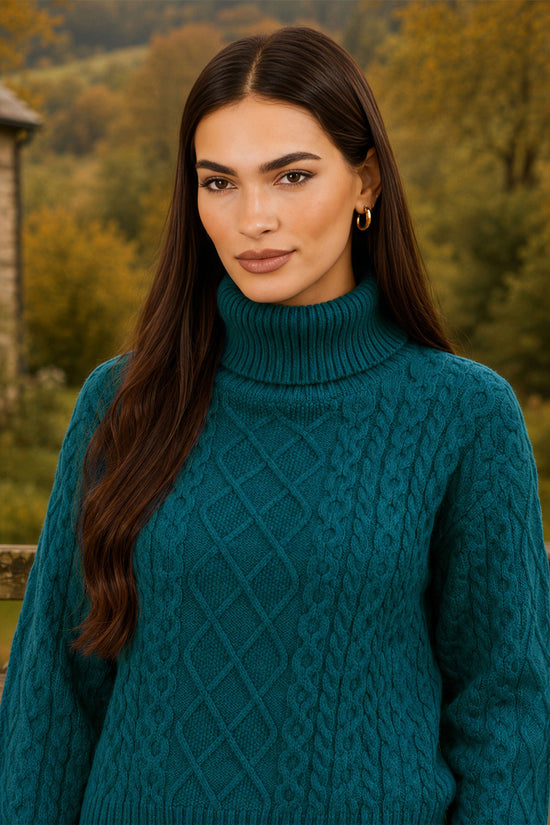 Yumi Women's Teal Chunky Cable Knit Roll Neck Long Sleeve Relaxed Jumper