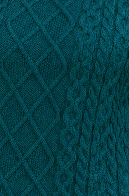 Yumi Women's Teal Chunky Cable Knit Roll Neck Long Sleeve Relaxed Jumper