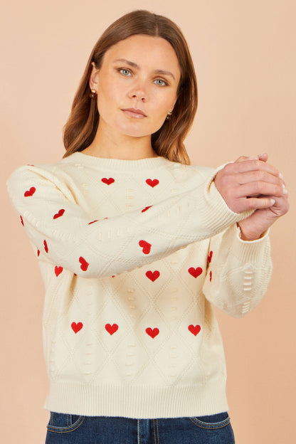 Yumi Women's Ivory Heart Motif Pointelle Knit Jumper