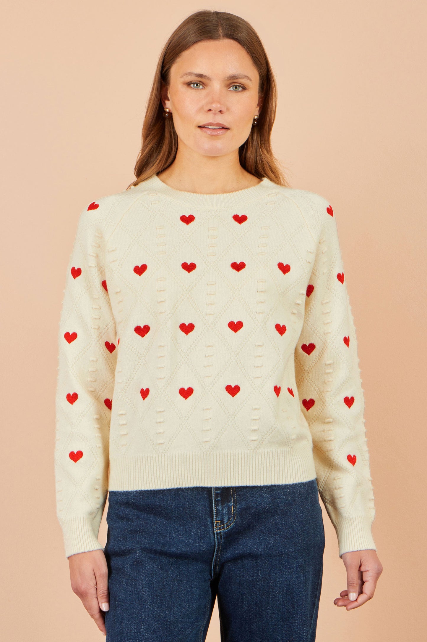 Yumi Women's Ivory Heart Motif Pointelle Knit Jumper