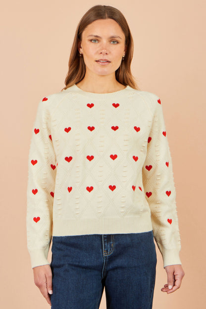 Yumi Women's Ivory Heart Motif Pointelle Knit Jumper